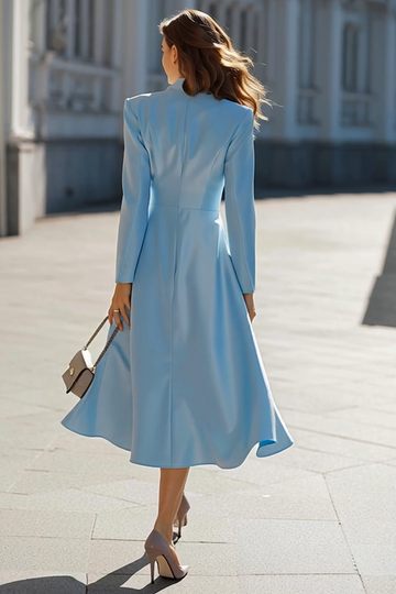 Satin A-Line Long Sleeve Sky Blue Work Dress